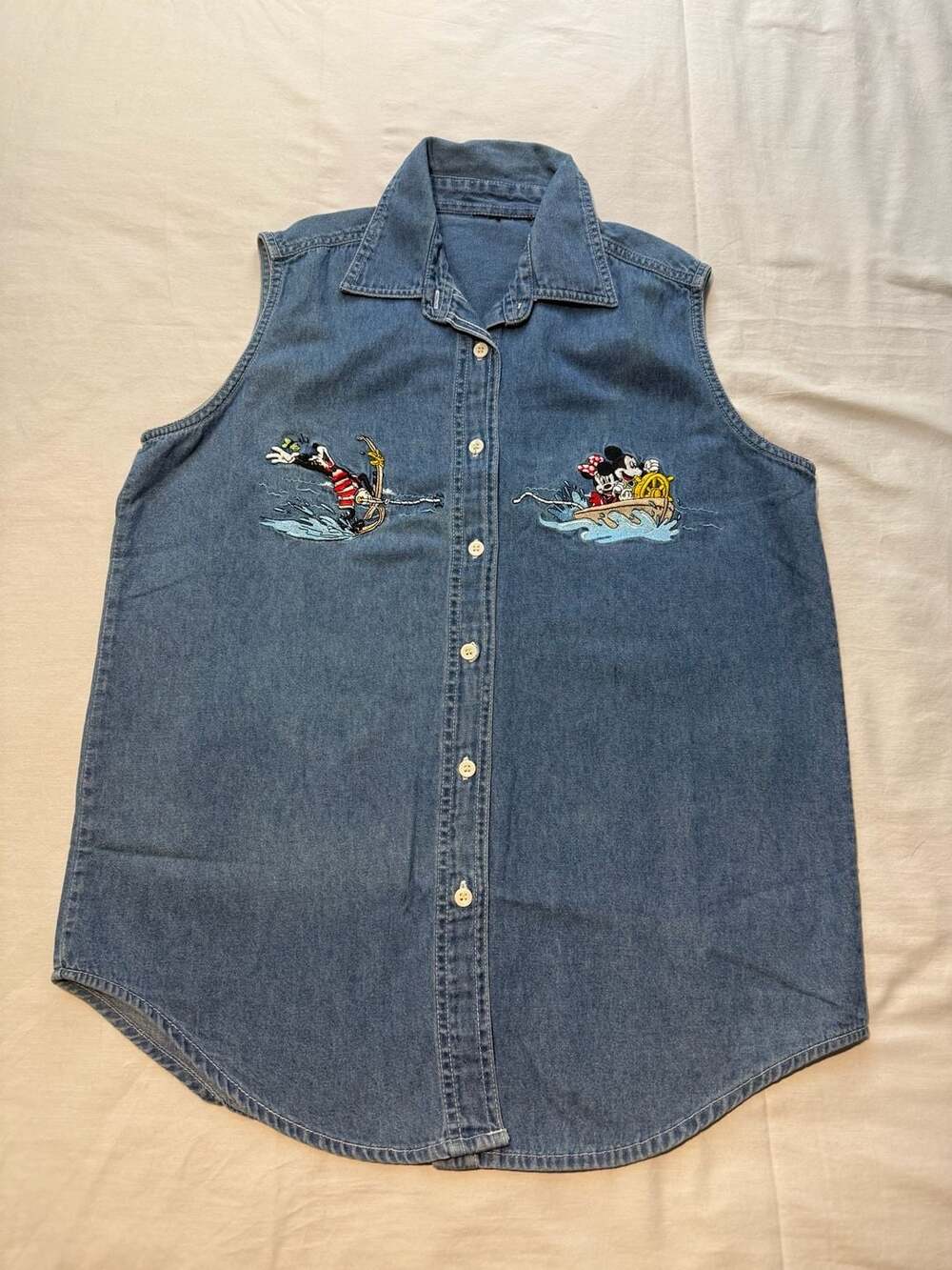 Vintage Disney Mickey Minnie Goofy Water Skiing Sleeveless Denim Shirt Size M/L